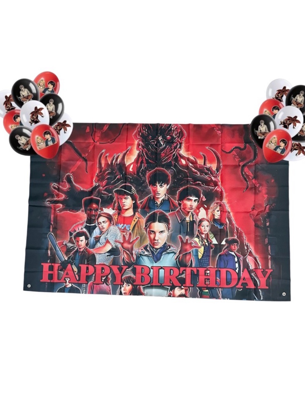Red 'Happy Birthday' Stranger Things Themed Party Banner and Balloons